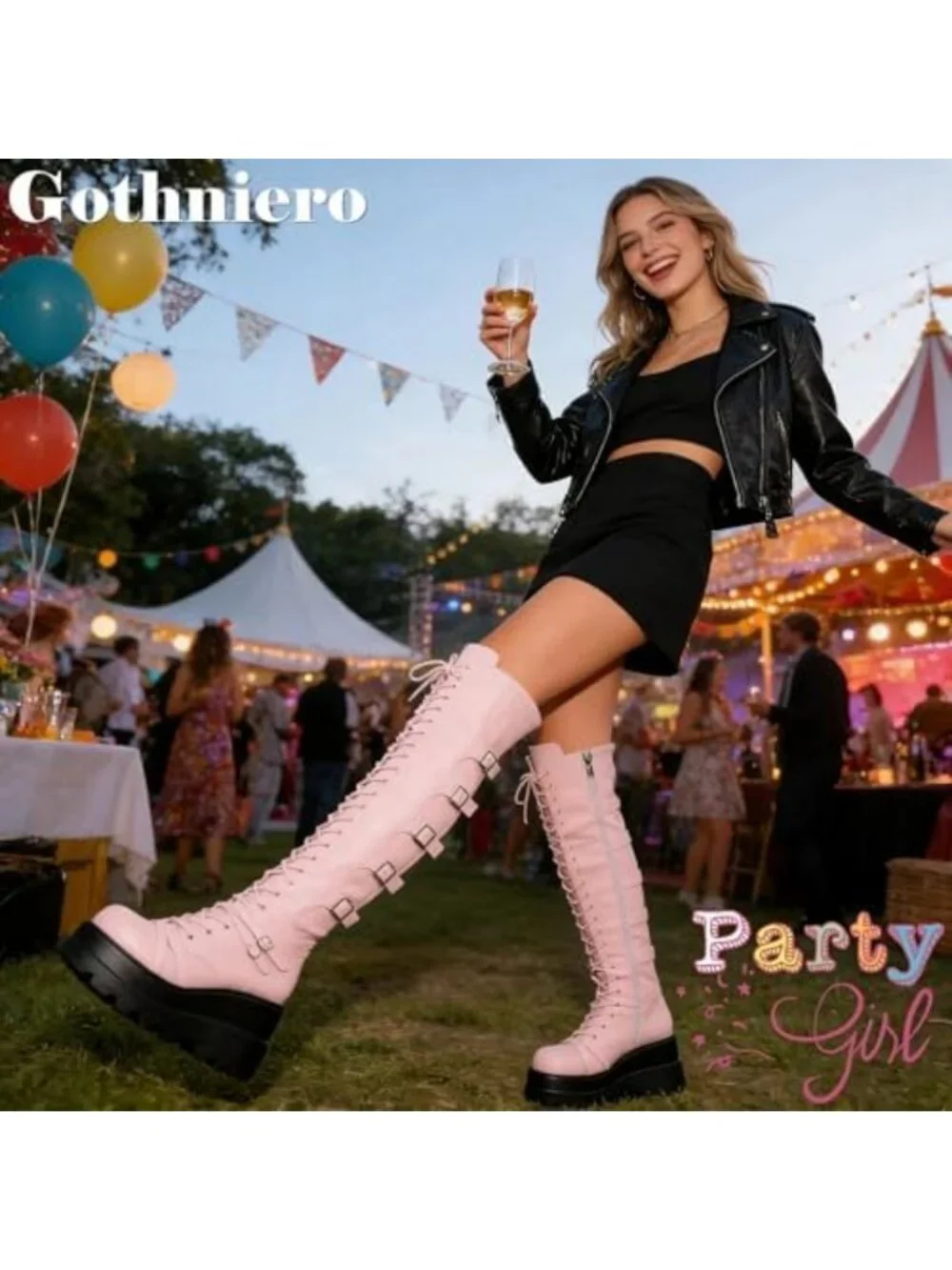 Goth Black Thigh High Platform Boots for Women - Chunky Heel, Rave, Motorcycle